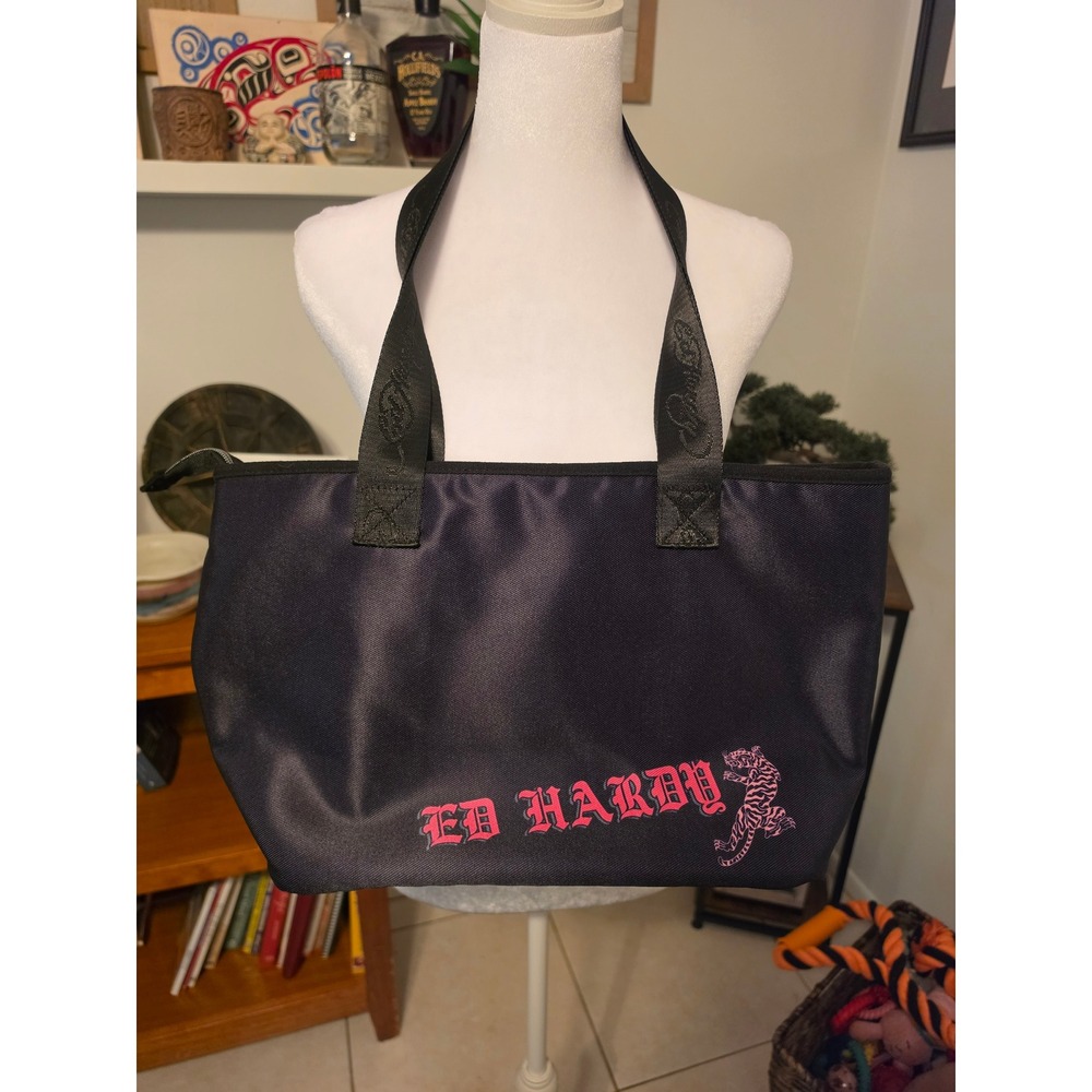 Ed Hardy Tote Bag Black Pink Tiger Tattoo Print Y2K Streetwear Shoulder Bag - Picture 2 of 2